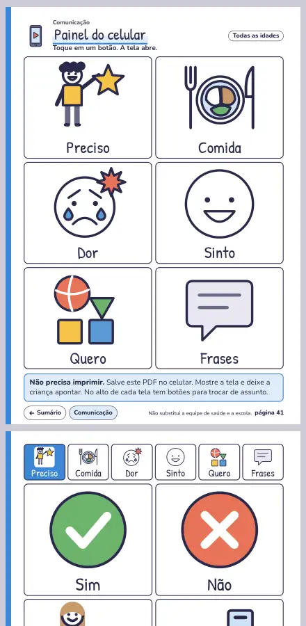 Painel de cartões do PDF aberto no celular, com desenhos grandes para tocar.